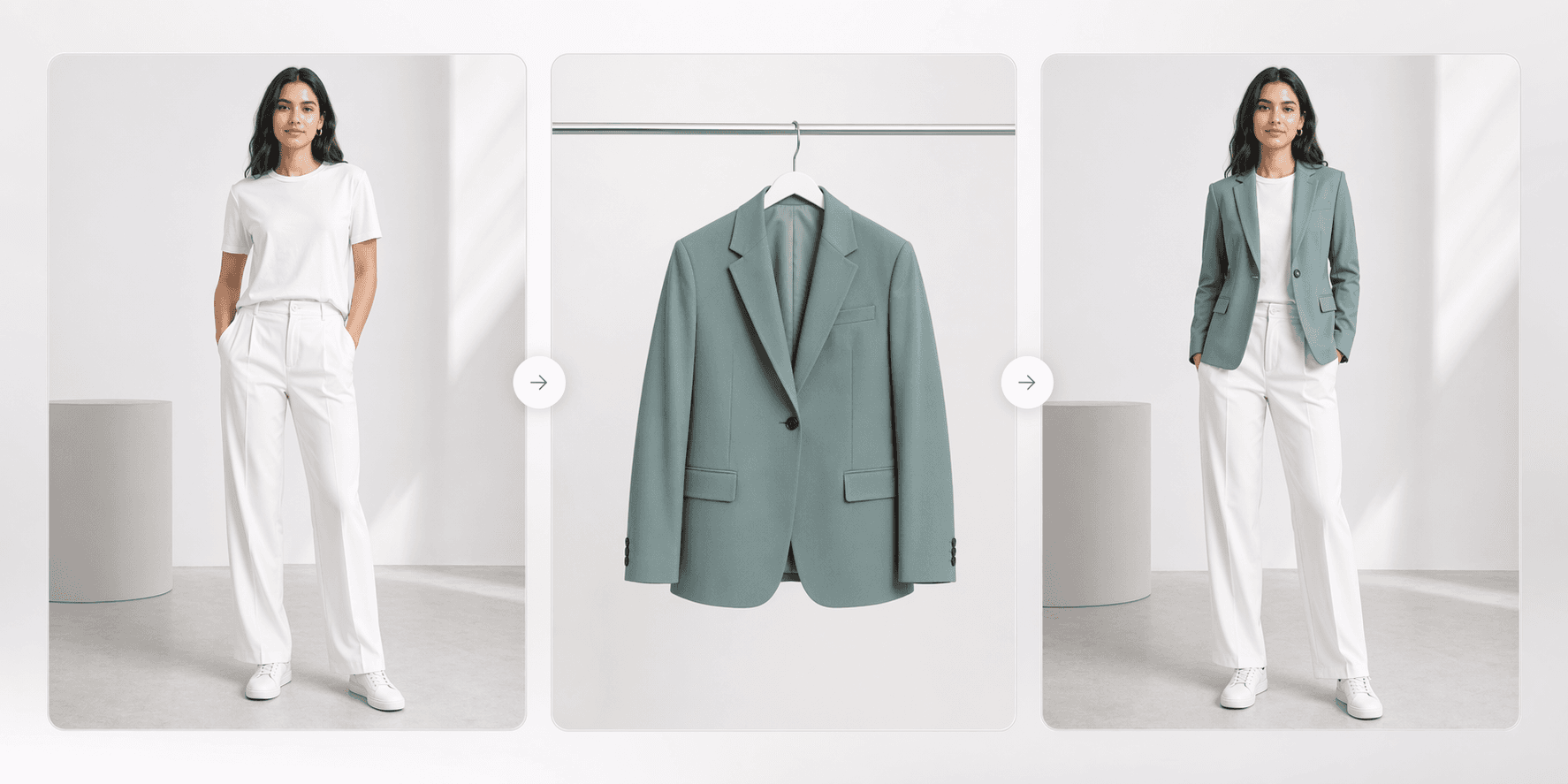 Three step VirtualFit example: original photo, garment, final try-on preview